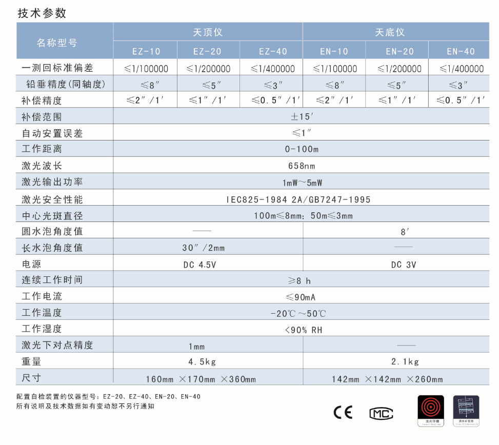 EZ-10、EZ-20、EZ-40激光自動(dòng)安平天頂儀/上垂準(zhǔn)儀技術(shù)參數(shù)